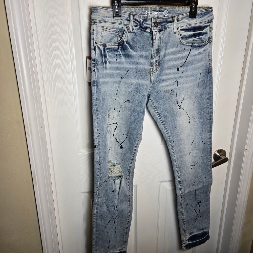 NWT Crysp Denim Men's Distressed Vintage Wash Paint Splatter Skinny Jeans 34/32